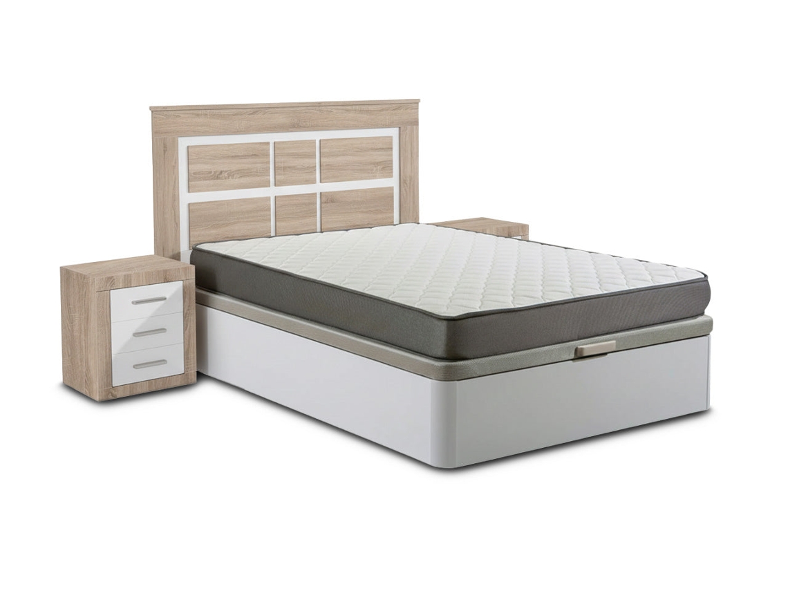 Conjunto De Cama Com Estrado, Branco, 135 Cm Colchão Cabeceira E 2 Mesas De Cabeceira, Cambria E Branco Saldosystocks