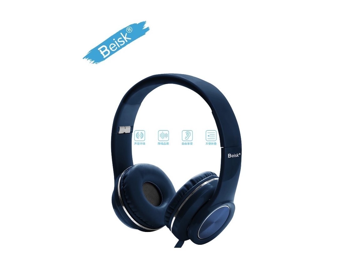 Fones De Ouvido Com Fio Beisk Blue Over Ear | Fones De Ouvido De Som Surround 3d Com Bloqueio De Ruído Dobrável