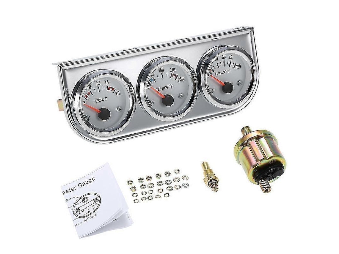 Kit De Medidores 3 Em 1: Pressão De Óleo, Temperatura Da Água (fahrenheit) E Voltímetro 52mm Cromado Para Carros E Motos 12v 2