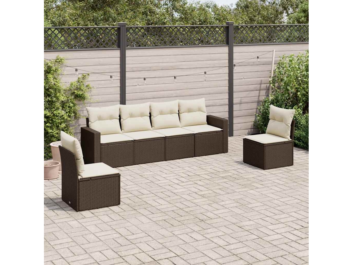Vidaxl 6 Pcs Conjunto De Sofás Jardim C/ Almofadões Vime Pe Castanho