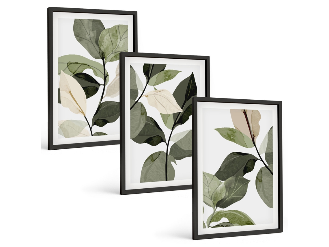 Conjunto De Pinturas Planta Boho Pintada Folhas Espelharte (3 Peças 40x60 Cm)
