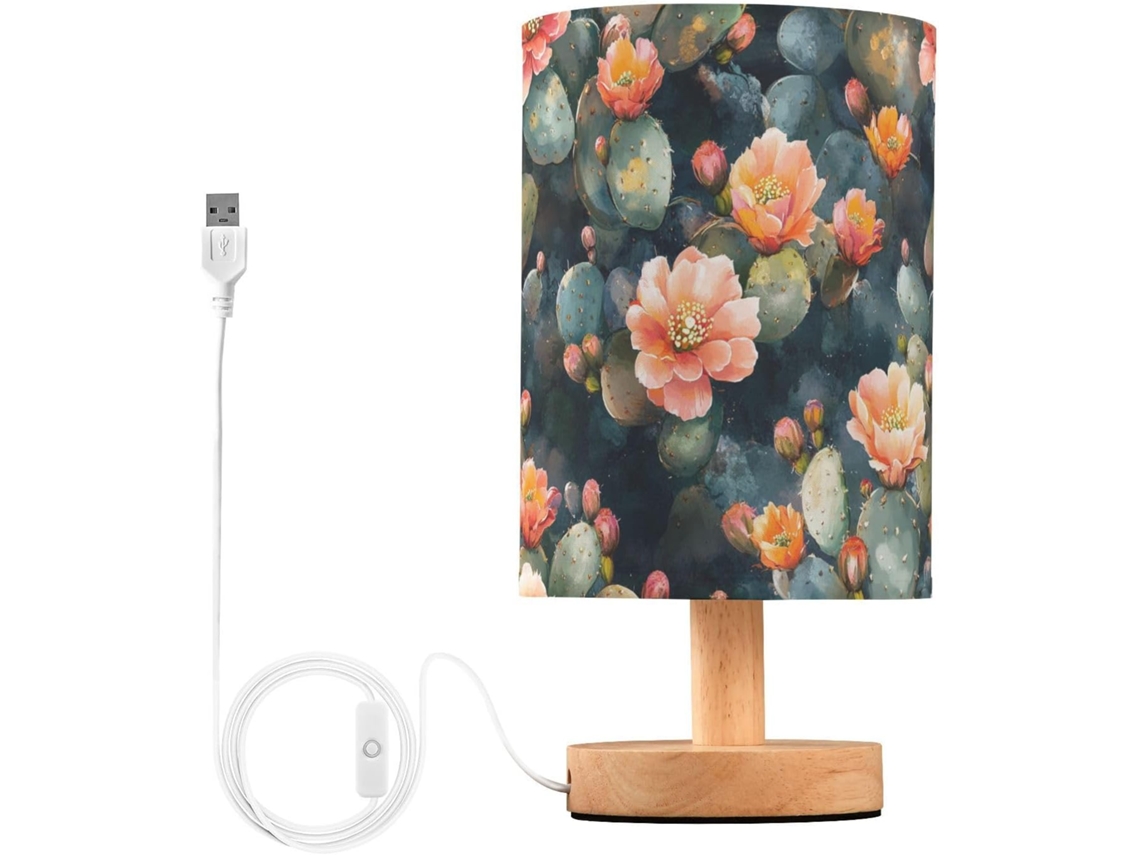 Abajur De Mesa Cabeceira Com Flores Em Estilo Retrô E Cactos, Com Entrada Usb E Revestimento Em Juta, Ideal Para