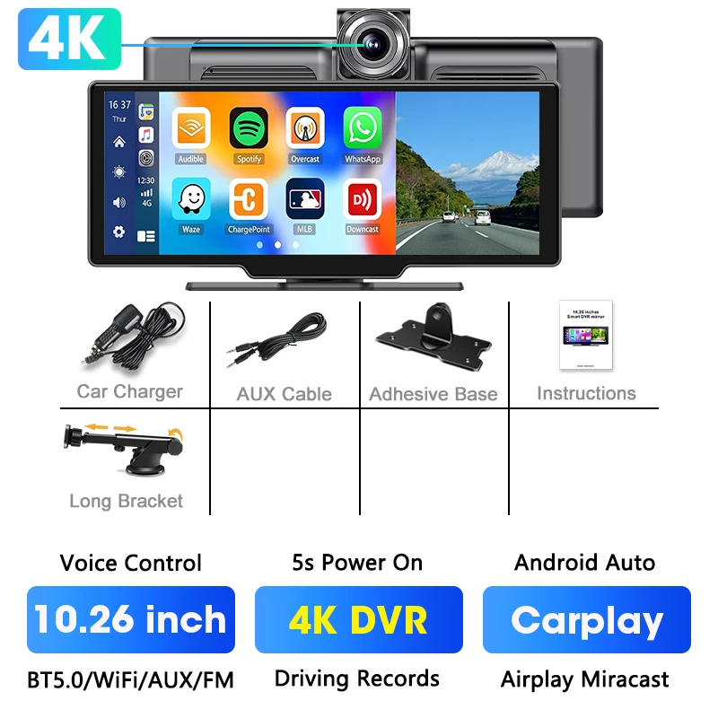 (dvr) Câmera Veicular De 10,26 Polegadas, 4k Com Carplay Sem Fio