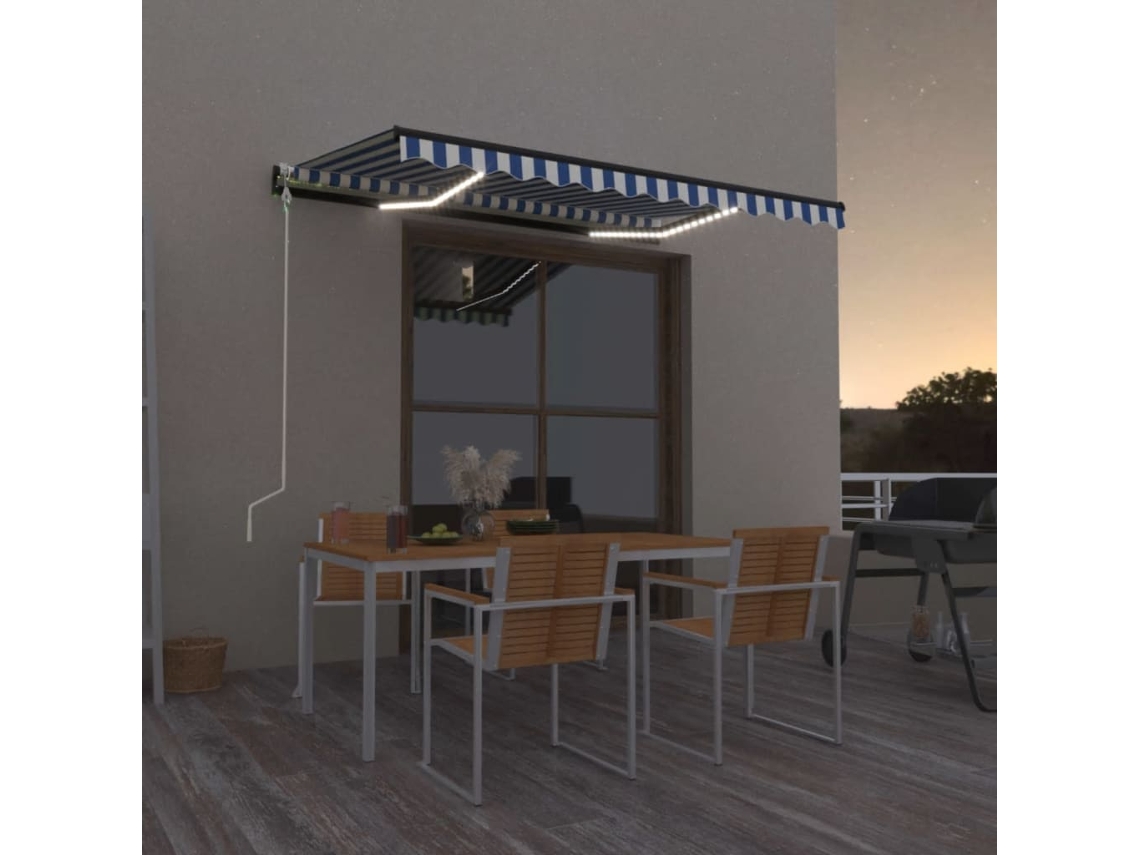 Vidaxl Toldo Autom. Led E Sensor De Vento 400x300 Cm Azul E Branco