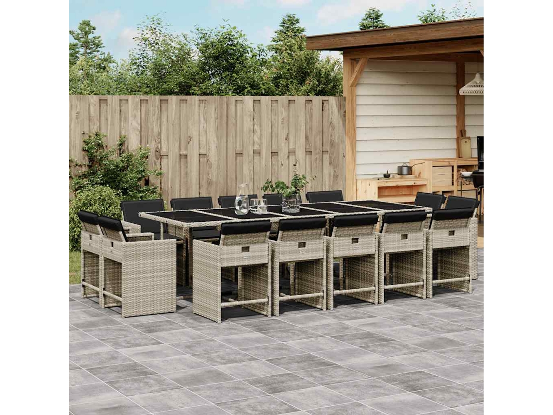 Vidaxl 15 Pcs Conj. Jantar Jardim C/ Almofadões Vime Pe Cinzento-claro