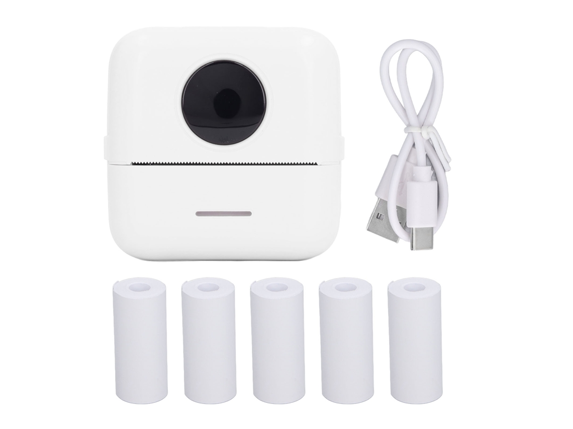 Walshlxq impressora Térmica Portátil Mini de Bolso Sem Fio de Alta Definição com 5 Rolos de Papel para Fotos e Notas, Impressão Sem Tinta, Branca