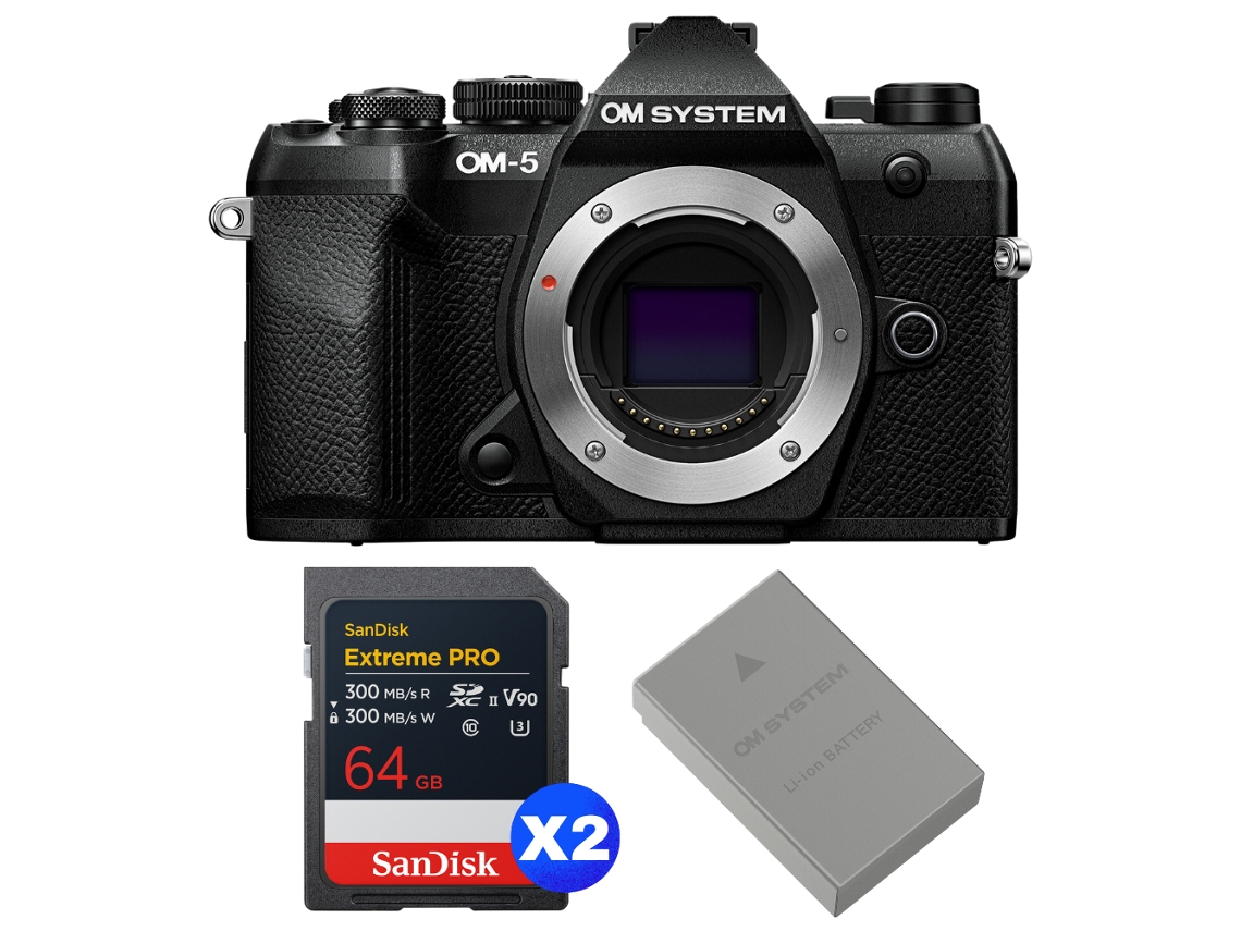 Om 5 Mark Ii Preto + 2 Sandisk 64gb Extreme Pro Uhs ii Sdxc + Om System Bls 50 + Ebook “20 Dicas para Fotos Que Impressionam” OM SYSTEM