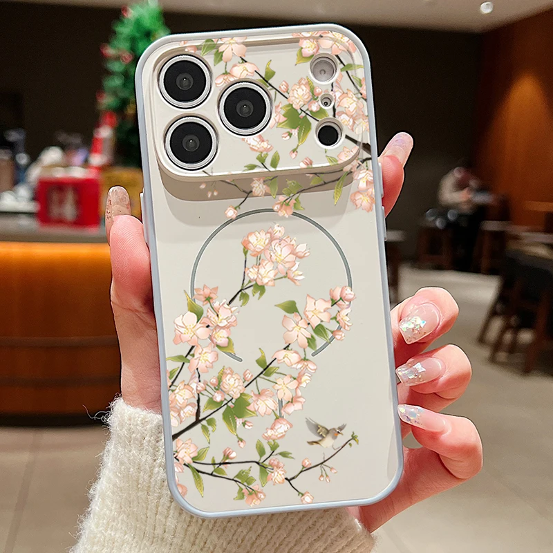 Capa Magnética Para Celular Com Estampa Floral Romântica (cinza) Para Iphone 17 Pro Max, Capa Traseira Rígida.
