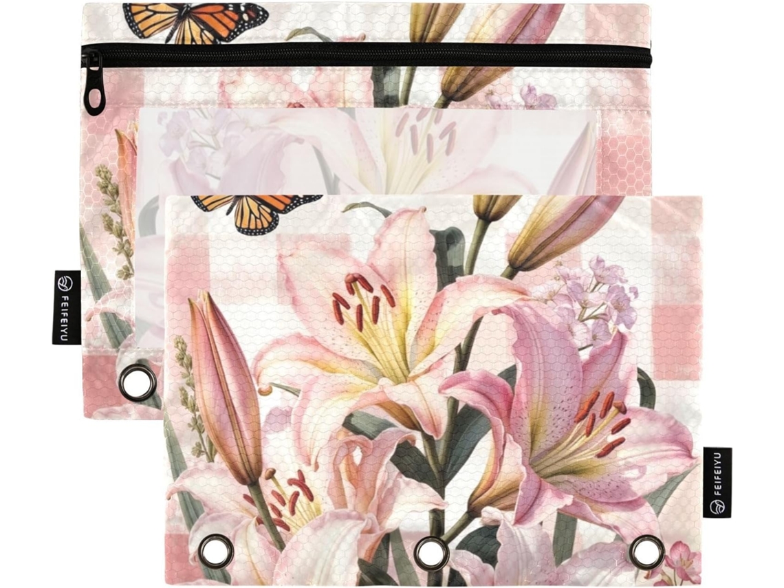 Kit Organizador De Páscoa Com Flor Lírio Rosa, Estojo Transparente Com Janela, Zíper E Ilhós, 3-bolsos Pastas