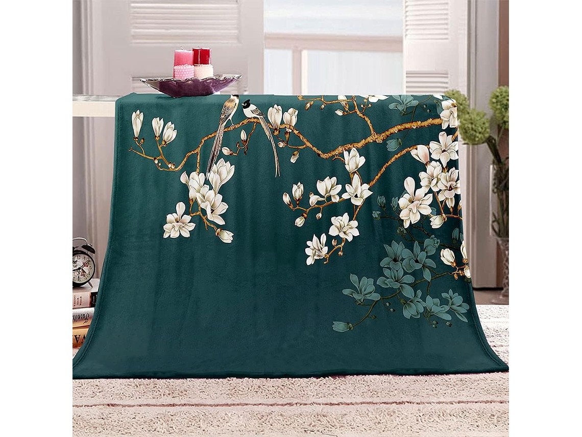 Manta com Estampa de Flores Verdes em Microfibra 150x150cm