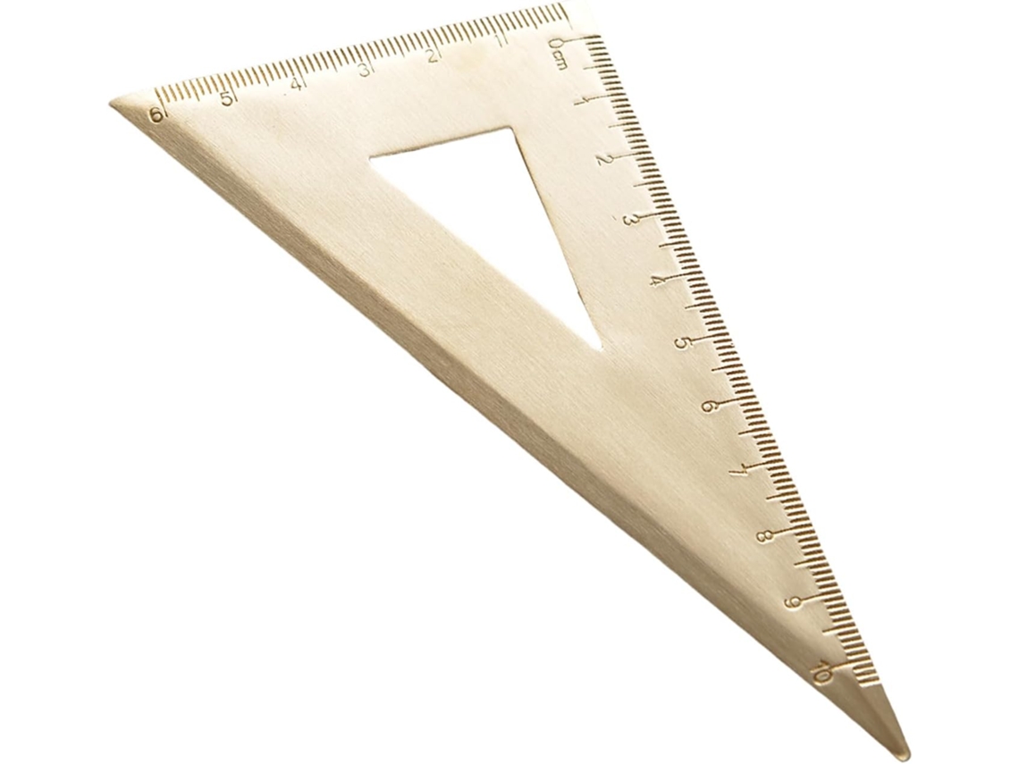 Régua triangular vintage de latão com escala geométrica para matemática, semicírculos e estamparia.