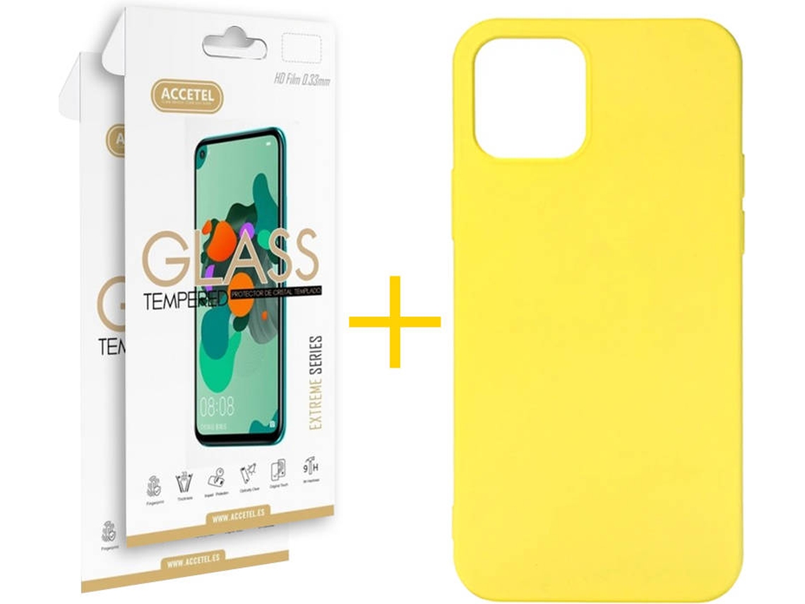 Kit Capa e Película Vidro 2X  iPhone 12 Pro Max Accetel Silicone Amarelo