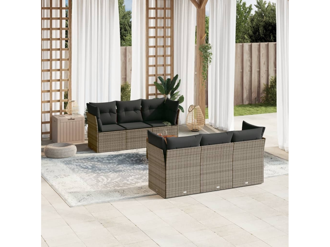 Jogo 7 Peças Sofás P/ Jardim C/ Almofadões Vime Pe Cinza Dkd Home Decor
