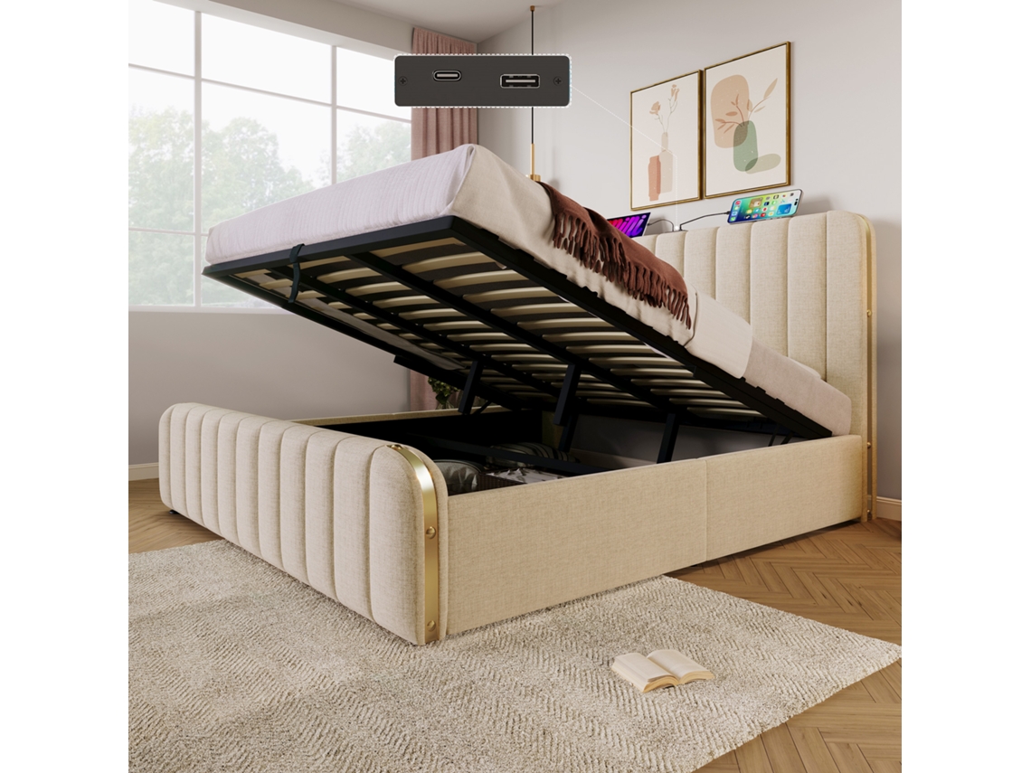 Cama Armário 180x200cm Bege Linho Apoio Cabeça Acolchoado Usb-c