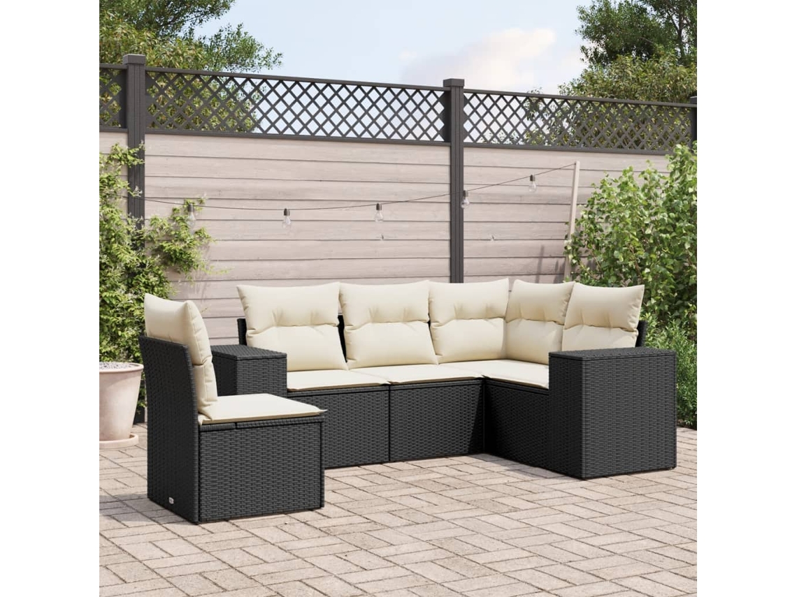 5 Pcs Conjunto Sofás De Jardim Com Almofadões Vime Pe Preto Dkd Home Decor
