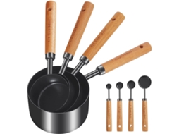 Conjunto De 8 Copos E Colheres Medidoras De Aço‑inoxidável Com Revestimento De Titânio E Cabo De Madeira, Cor Preta, Para Preparos Culinários