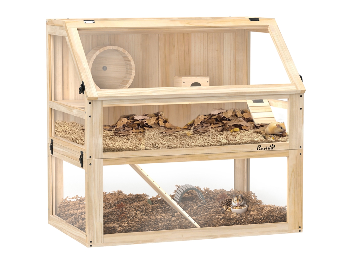 Gaiola De Hamster De Madeira 3 Níveis Nagarium Roedor Com Tampa Articulada Roda De Corrida 80 X 50 X 76 Cm Madeira Natural-pt