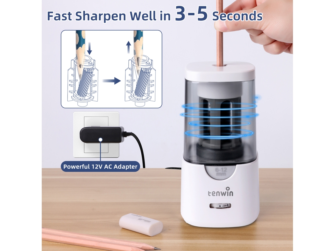 Afilador De Lápis Elétrico Automático Tenwin Com 3 Pontas 6-12mm Para Estudantes E Escritório