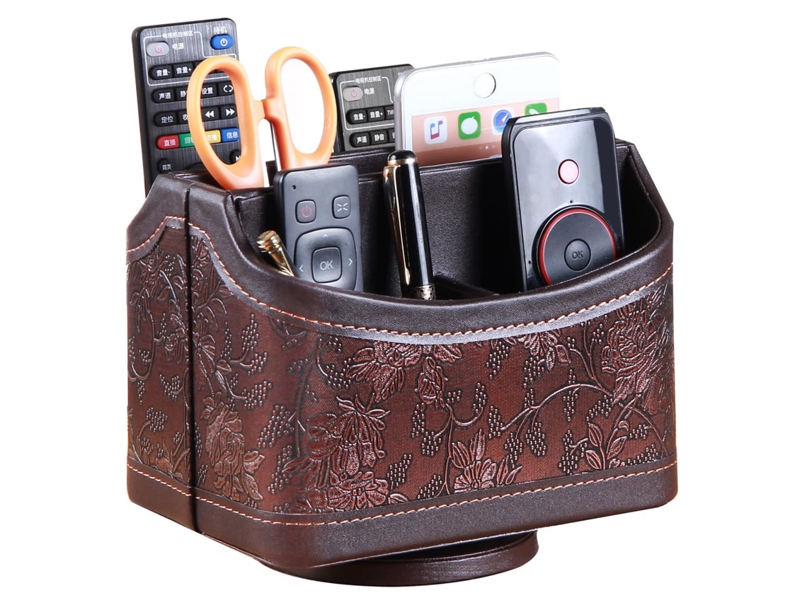 Suporte Giratório 360° Para Controle Remoto, Organizador De Mesa Em Couro Pu Com 5 Compartimentos Para Controles De Tv, Dvd E Blu-ray.