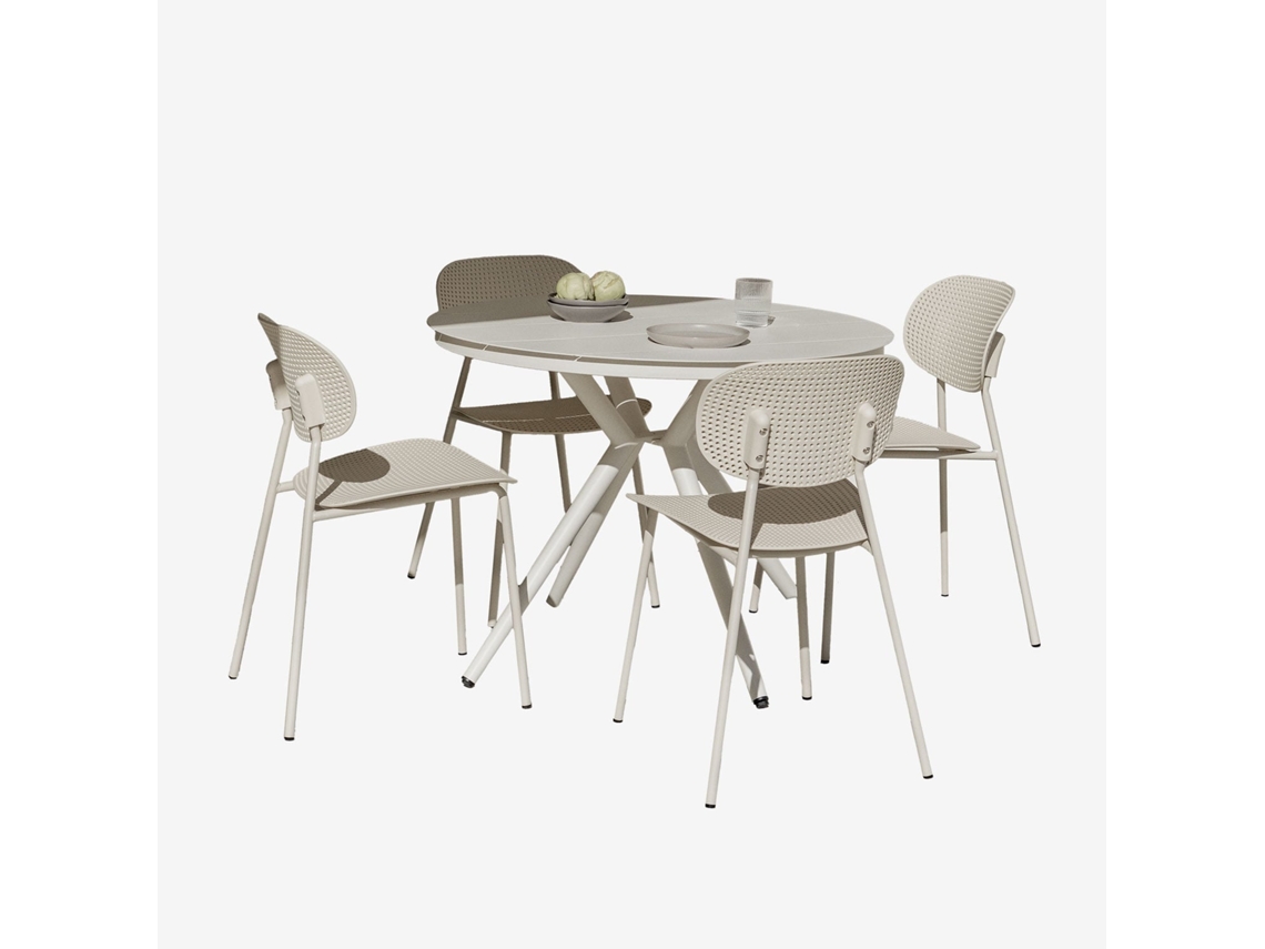Conjunto De Mesa Redonda Ø100 Cm Em Alumínio SKLUM Valerie E 4 Cadeiras De Jardim Em Polipropileno Tupah Alumínio Tapioca Bege