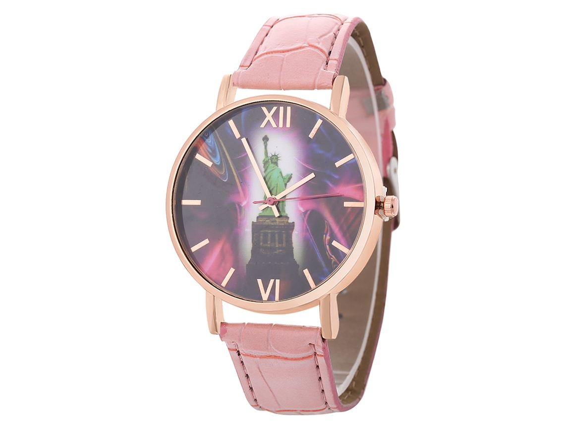 Relógio de quartzo simples e elegante para casais, mulheres e homens, com pulseira de couro rosa.