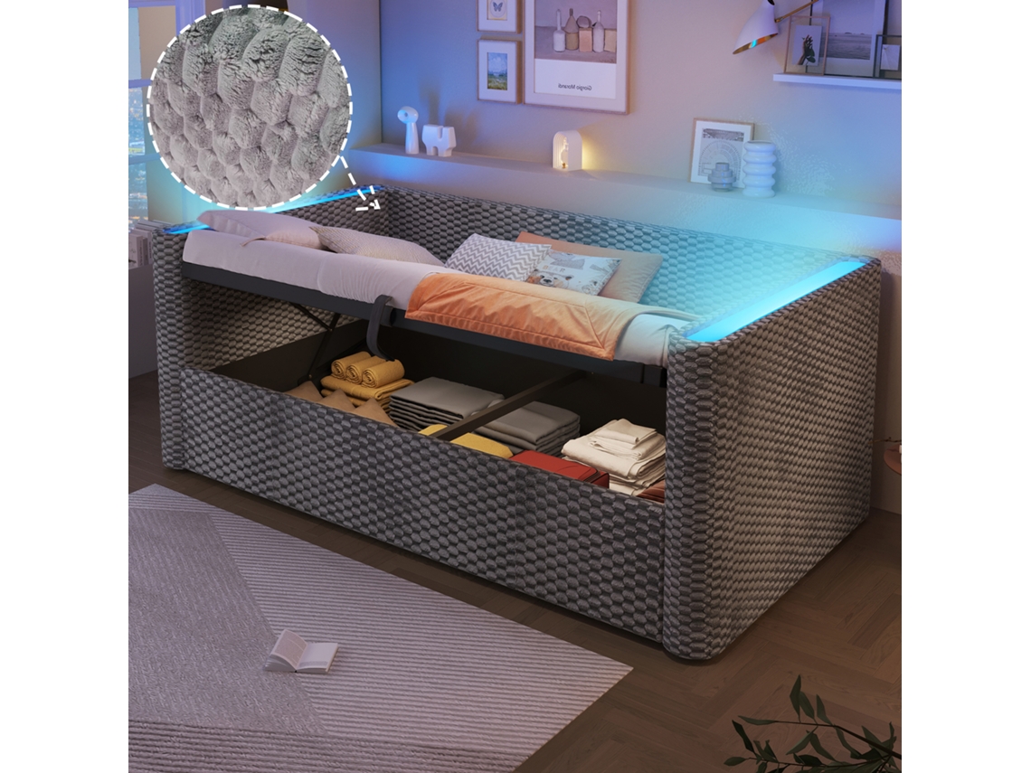 Divã de solteiro 90x200 Cm, iluminação Led, compartimento de arrumação hidráulico, ripas, veludo cinza, sem colchão VSOGA