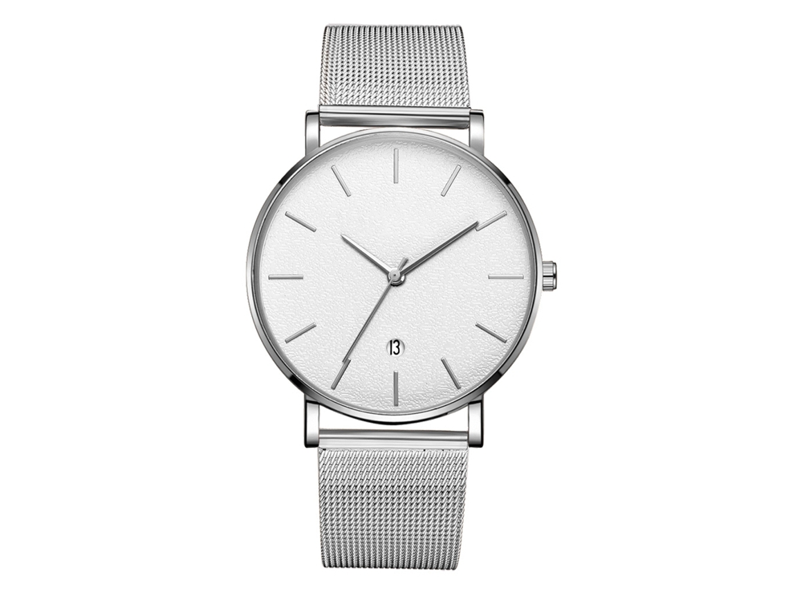 Reloj De Pulsera Analógico De Cuarzo Con Dial Redondo Plata Funda Plata Espejo Blanco Agujas Plata