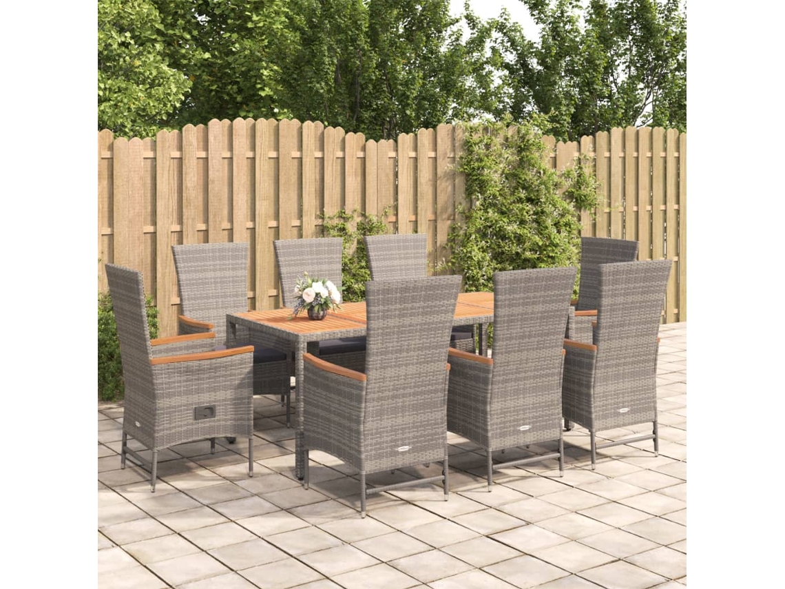 Vidaxl 9 Pcs Conjunto De Jantar P/ Jardim C/ Almofadões Vime Pe Cinza
