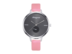 Relógio de Pulso Feminino de Quartzo com Pulseira de Couro Rosa Estilo Moderno Simples Elegante