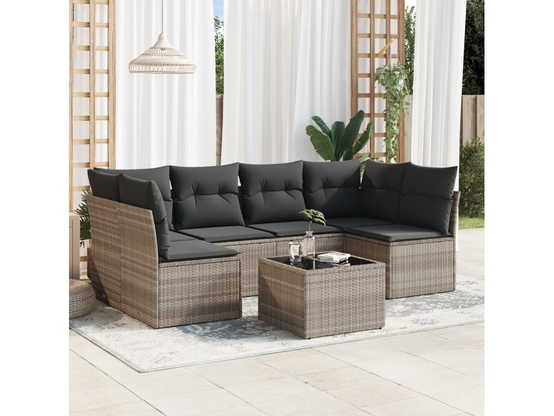 Vidaxl 7 Pcs Conj. Sofás Jardim Com Almofadões Vime Pe Cinzento-claro