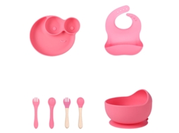 Conjunto 6 Peças Louça Bebé Silicone Rosa: Antiaderente, Bpa-free Para Blw