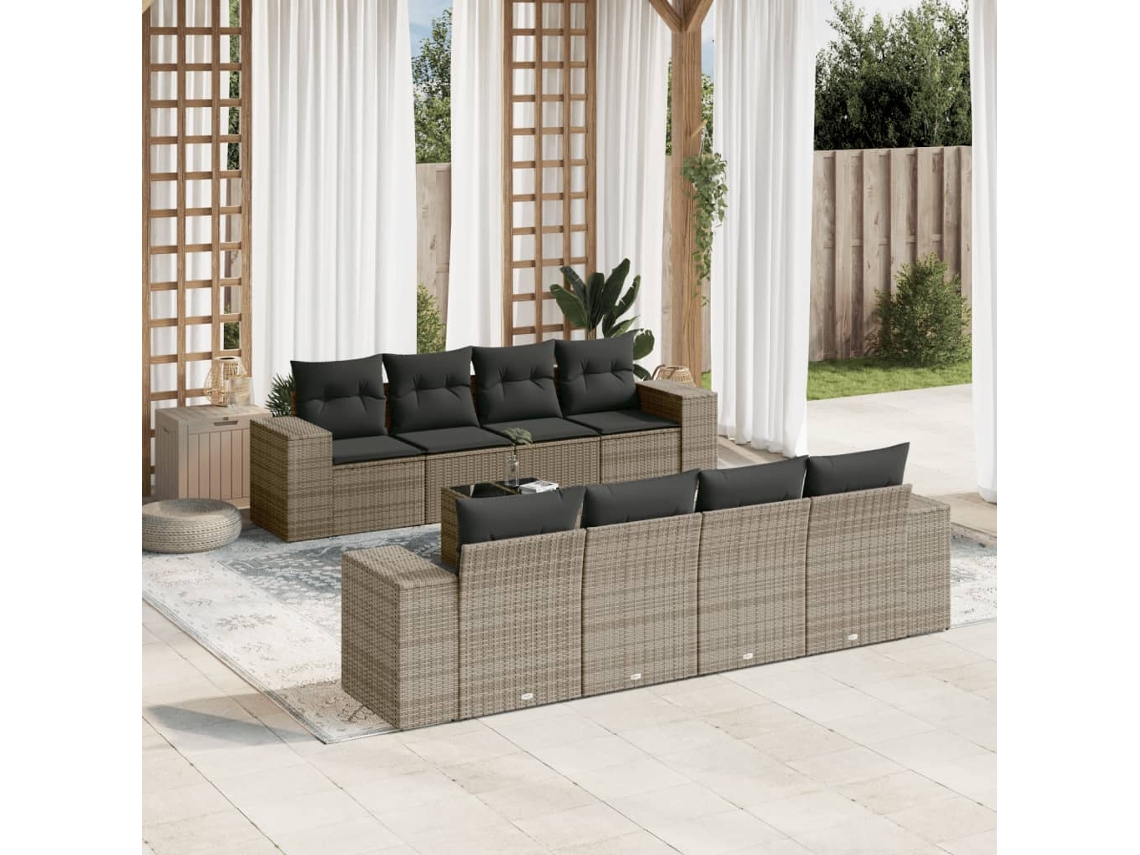 Vidaxl 9 Pcs Conjunto Sofás P/ Jardim Com Almofadões Vime Pe Cinzento