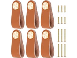 Puxadores De Gaveta Em Couro E Latão, Nas Cores Preto E Café Claro, 64x25x3 Mm, Pacote Com 6 Unidades Café Claro