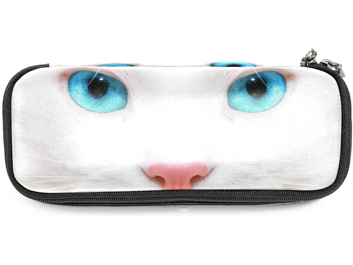 Estojo Grande Com Estampa De Gato Branco Olhos Azuis, Ideal Escola, Escritório, Adultos, Meninas E Meninos