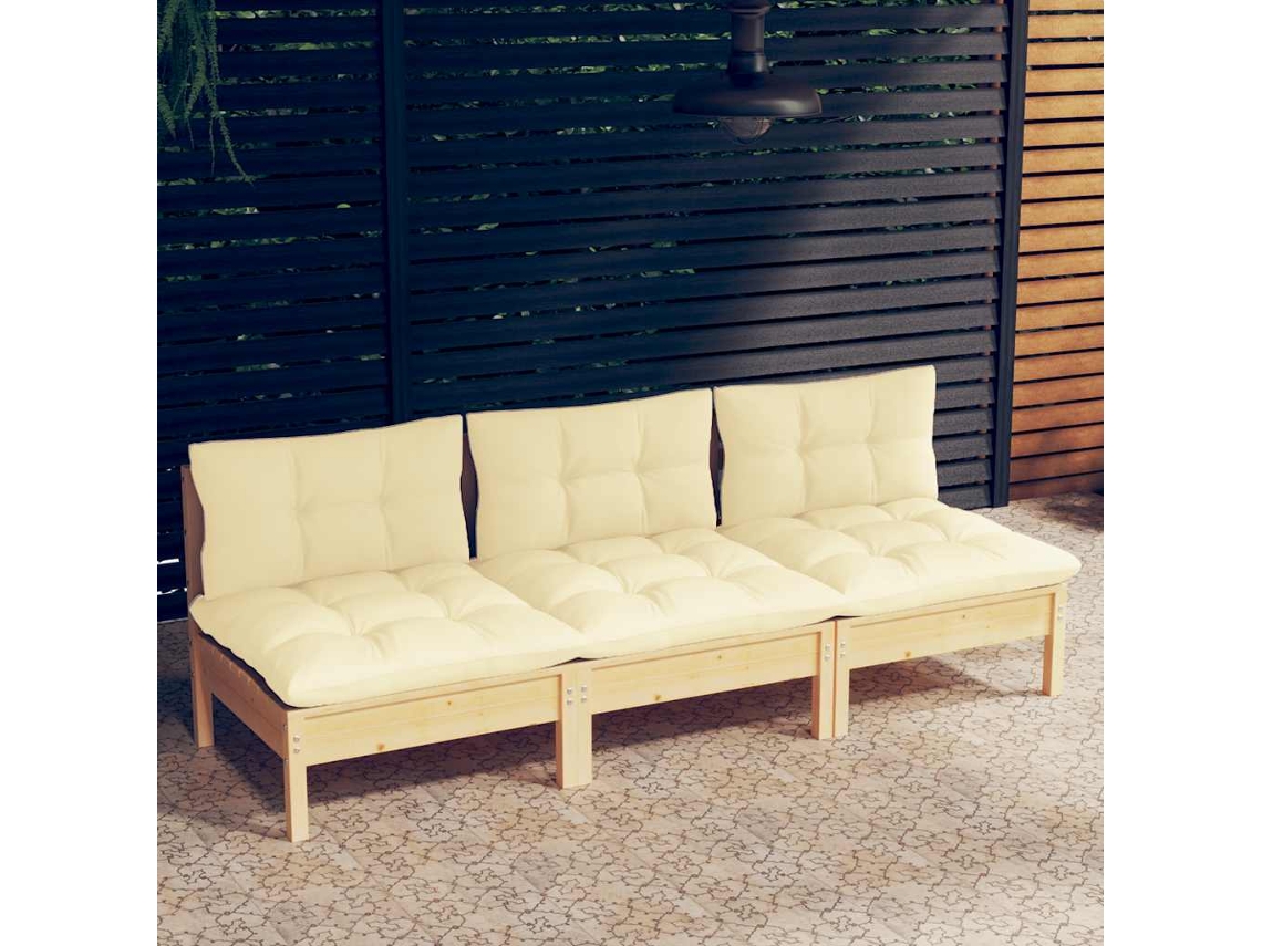 Vidaxl Sofá De Jardim 3 Lugares Com Almofadões Cor Creme Pinho Maciço