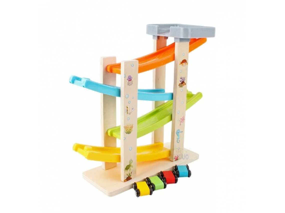 Brinquedo Sensorial Small Foot Pista De Corrida, De Madeira, Piso Com Estacionamento, Quatro Carros Incluídos, A Partir De 18 Meses Lurelia