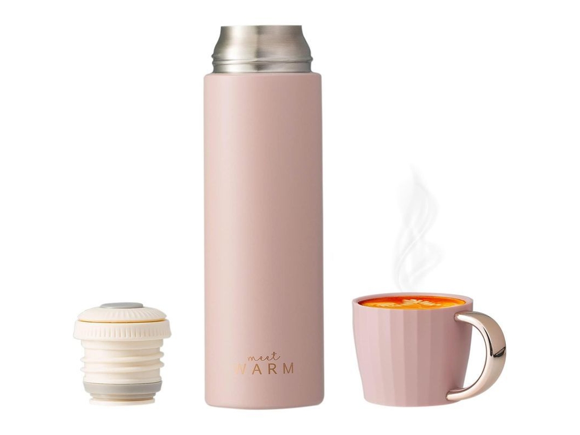 2026 botella Térmica de Acero Inoxidable 500ml Con Taza Anti fugas para Mujer Con Mango Dorado Y Botón de Apertura