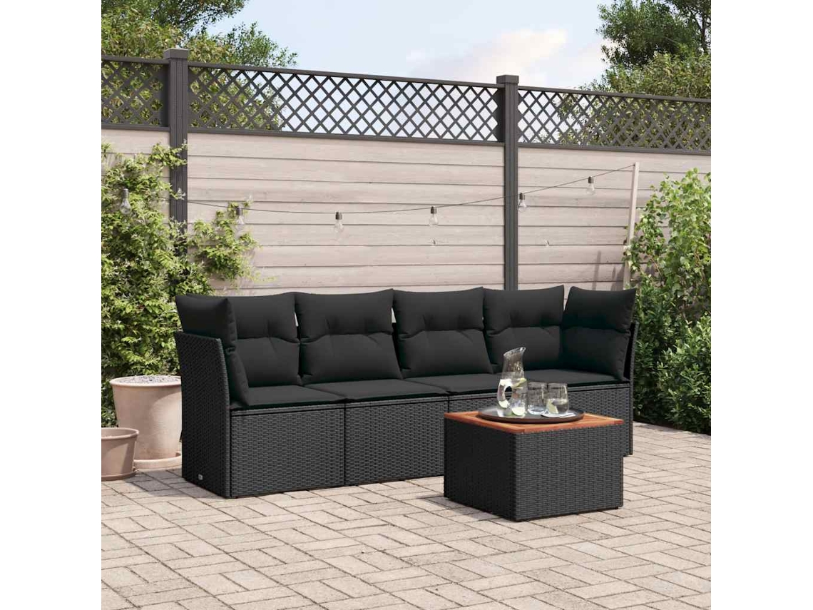 Vidaxl 5 Pcs Conjunto Sofás De Jardim Com Almofadões Vime Pe Preto