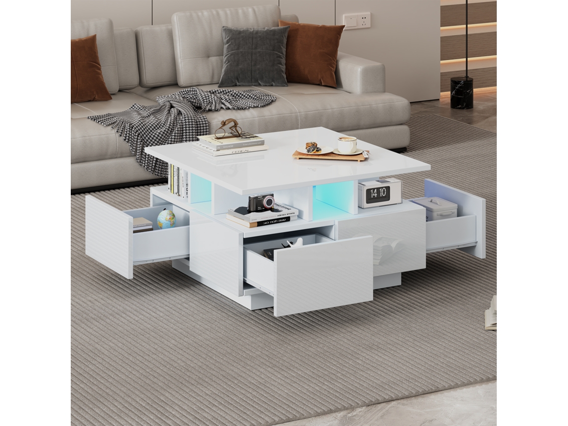 Mesa De Centro 70x70x40cm, Alto Brilho, Led, 4 Gavetas, Design Geométrico, Branca, Suporta 30kg.