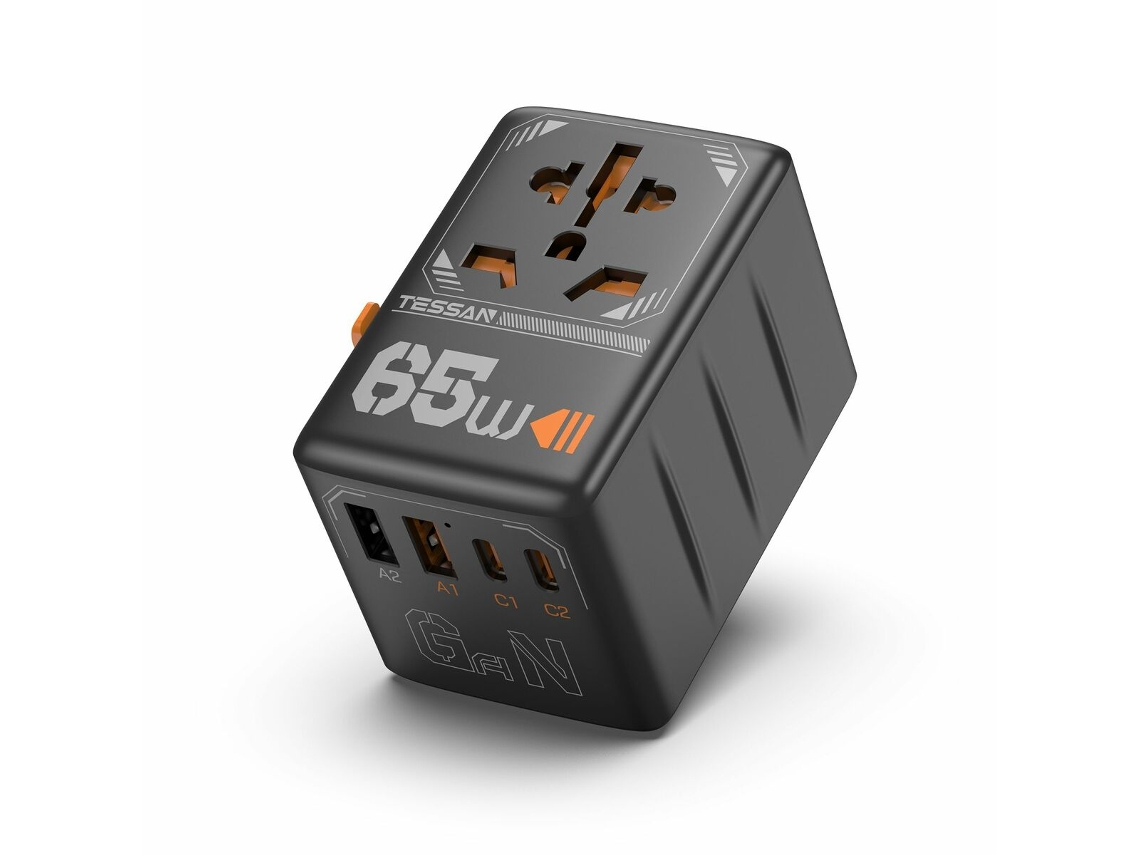 Adaptador de Viagem Internacional 5 em 1 Tessan USB-C 65W com Proteção de Segurança