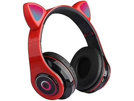 Auscultadores Bluetooth Orelha de gato fofinha sem fio 5.0 sobre a orelha com 7 cores de luz led vermelho
