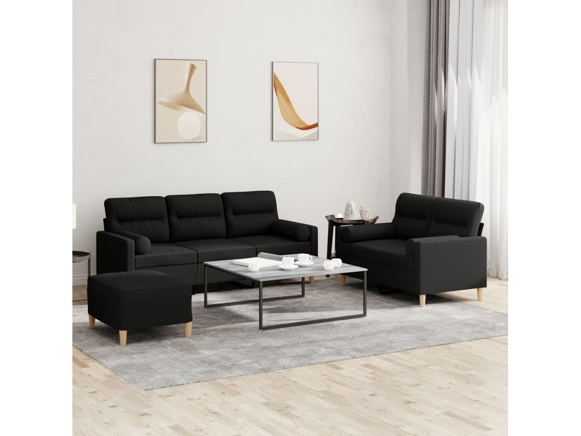 Vidaxl 3 Pcs Conjunto De Sofás Com Almofadas Tecido Preto