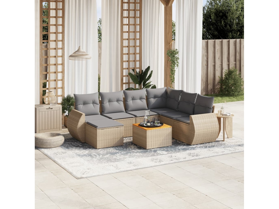 Vidaxl 8 Pcs Conjunto De Sofás P/ Jardim Com Almofadões Vime Pe Bege