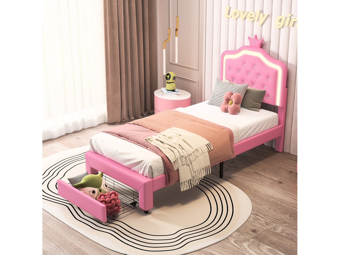 Cama Infantil Estofada, 90x200 Cm, com Cabeceira em Formato de Coroa de Princesa e Iluminação Led, Cama de Solteiro com Gaveta, em Pu Rosa. INONEFT