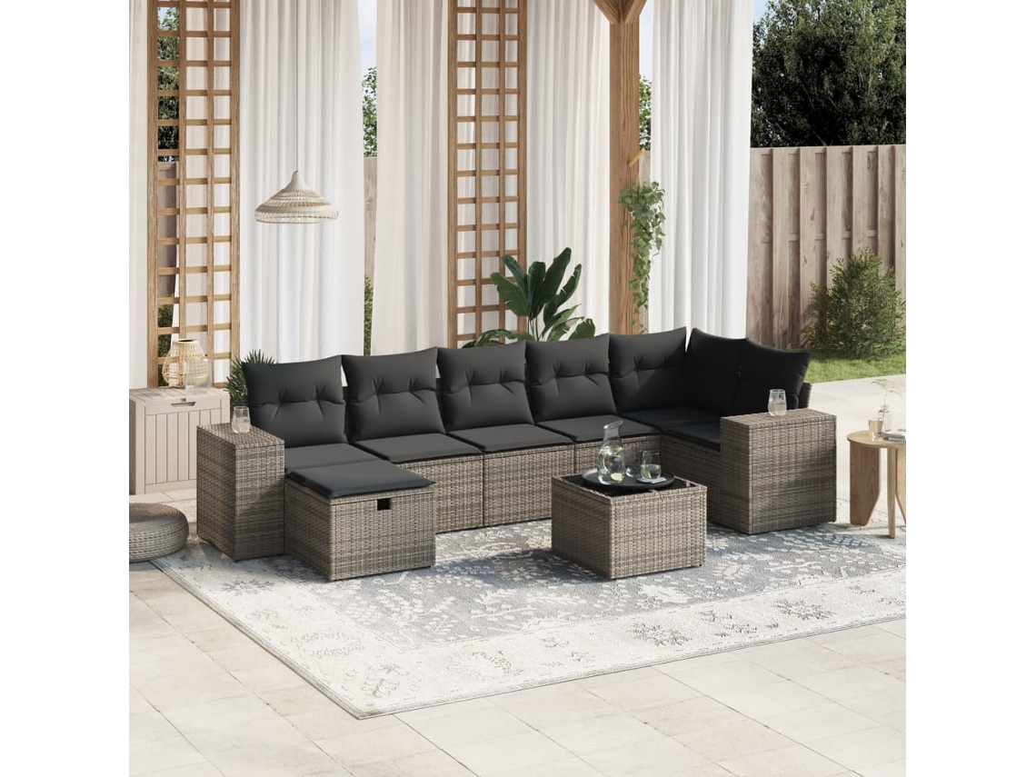 Vidaxl 8 Pcs Conjunto Sofás De Jardim C/ Almofadões Vime Pe Cinzento