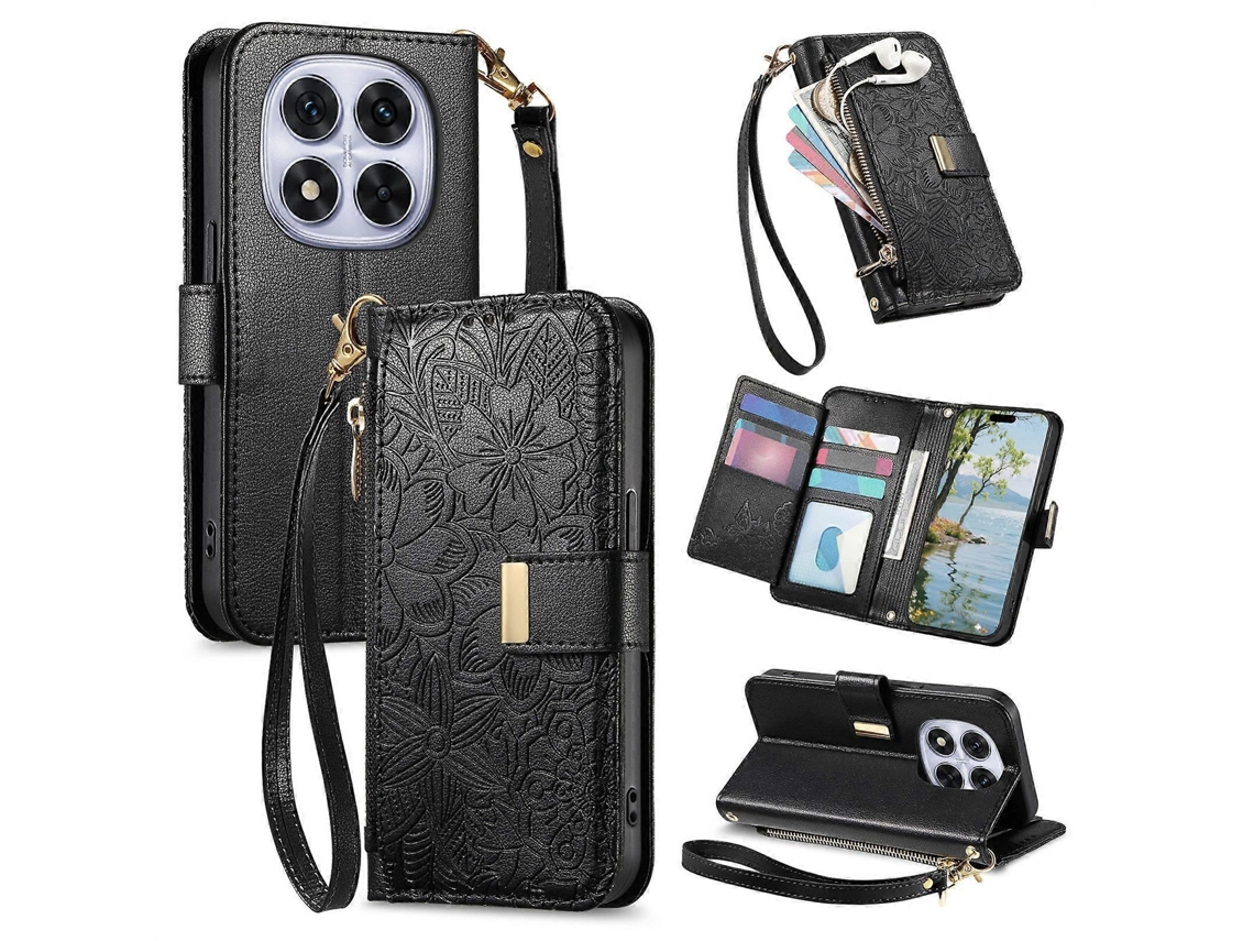 Capa Carteira De Couro Com Zíper, Estampa De Flores E Folhas, Com Alça, Para Redmi Note 14 Pro+ 5g.