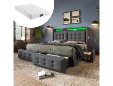 Cama Com Colchão Dupla E Cabeceira E Gavetas Estofada Led Usb-c Pangshiyaun Algodão Linho Cinzento (106x220x168cm)