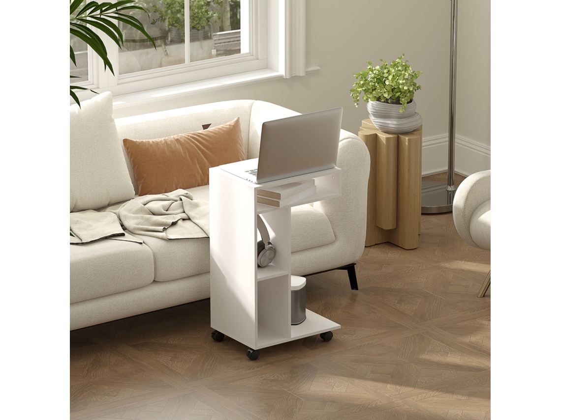 Mesa Auxiliar Sofá Forma C Ruedas Compartimentos Abiertos, 40x30x69cm, Blanco