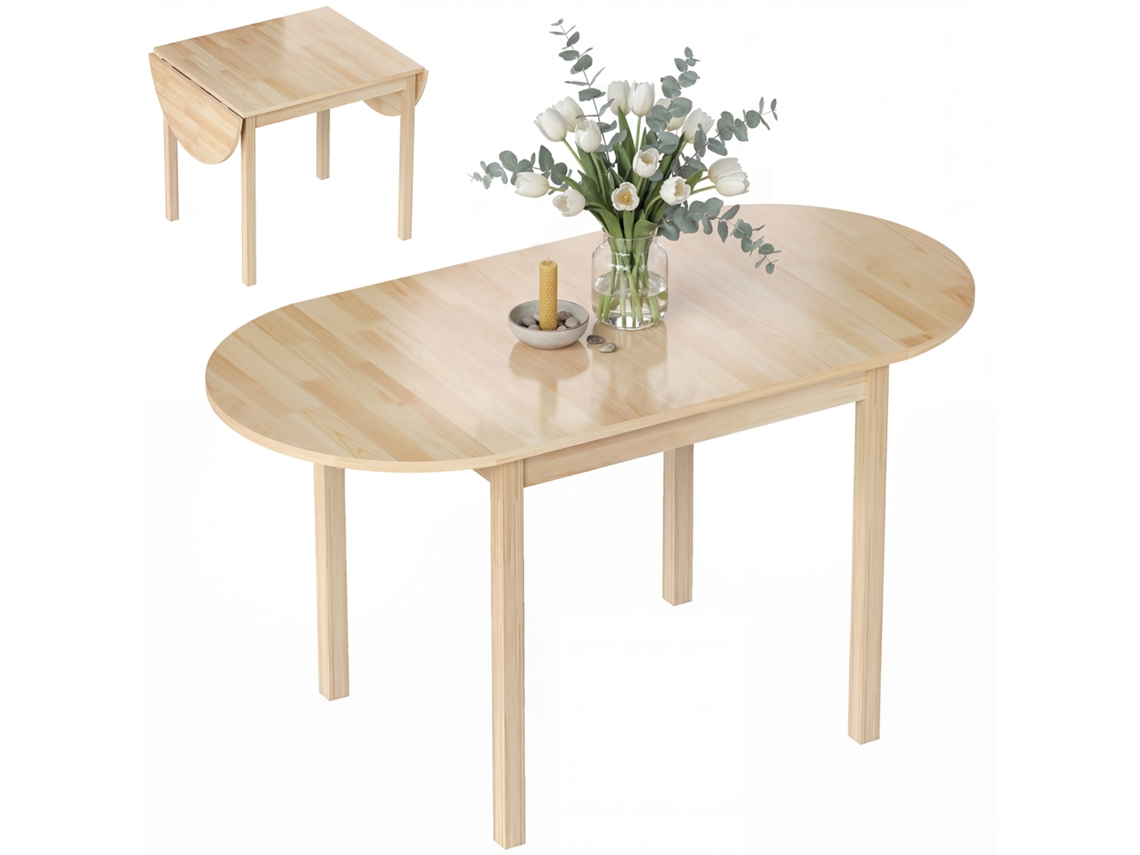 Mesa de Jantar em Madeira Dobrável para 6 Pessoas com Design de Aba Rebatível 140x70x75cm, cor Natural BTFORUS