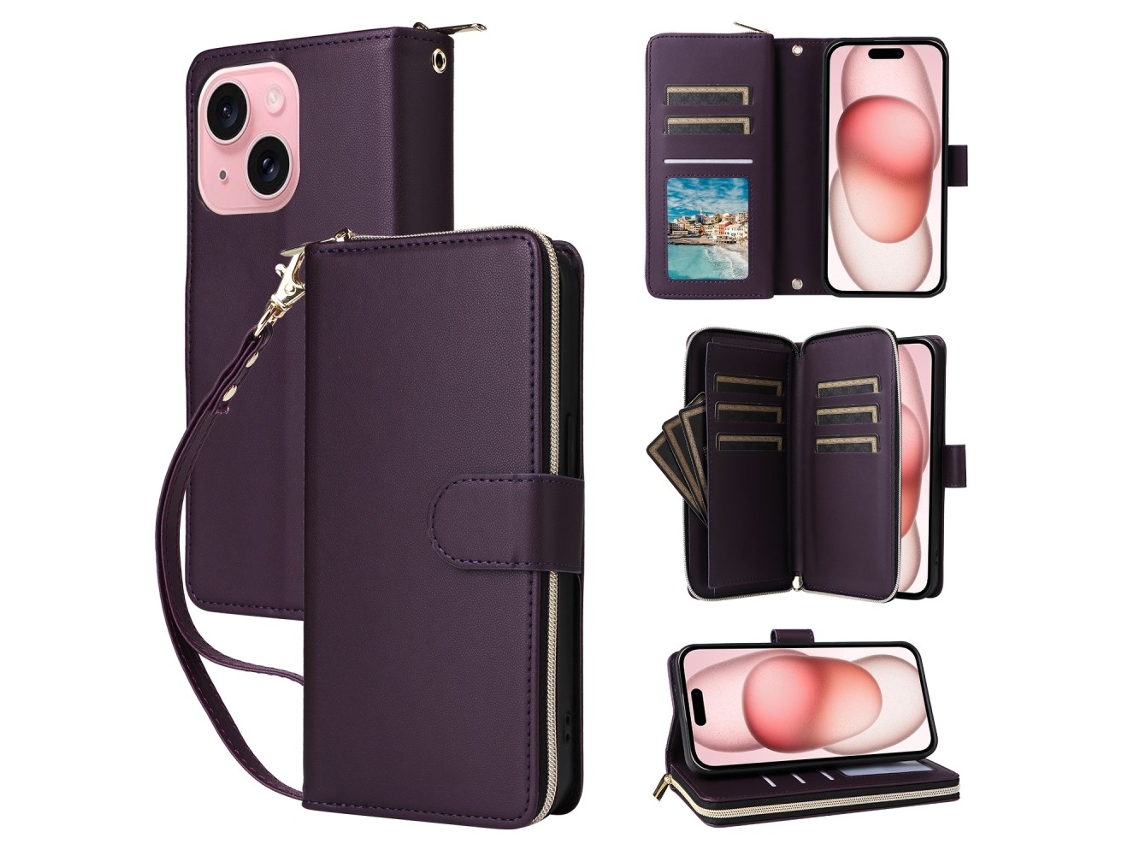 Capa Para Iphone 15 Pele Sintética Com Porta-cartões Roxo